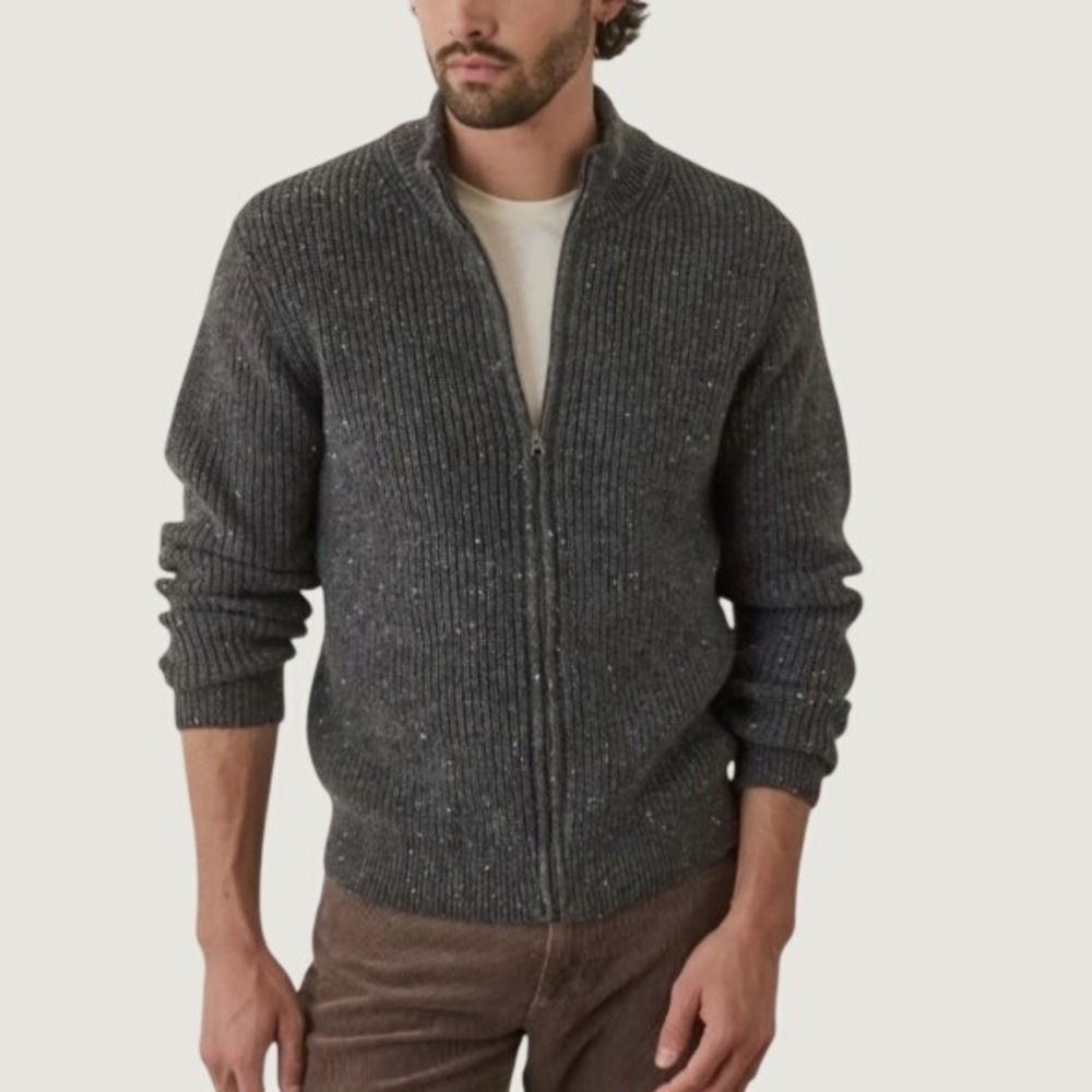 Marine Layer Inverness Mens Medium Gray Donegal Ribbed Full Zip Sweater Cabin